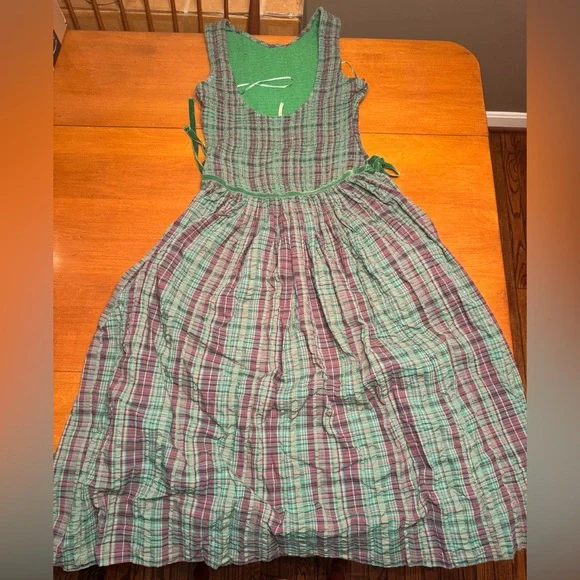 Free People Nightingale Plaid Maxi Dress L Green Purple Smocked Cottagecore - Picture 5 of 8